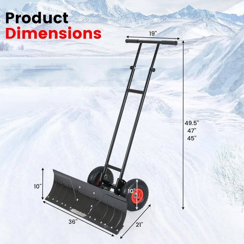 محراث ثلج معدني عريض 36 بوصة عالي التحمل مع شفرة بزاوية قابلة للتعديل ومقبض مريح وعجلة مطاطية لإزالة الثلوج في الممر