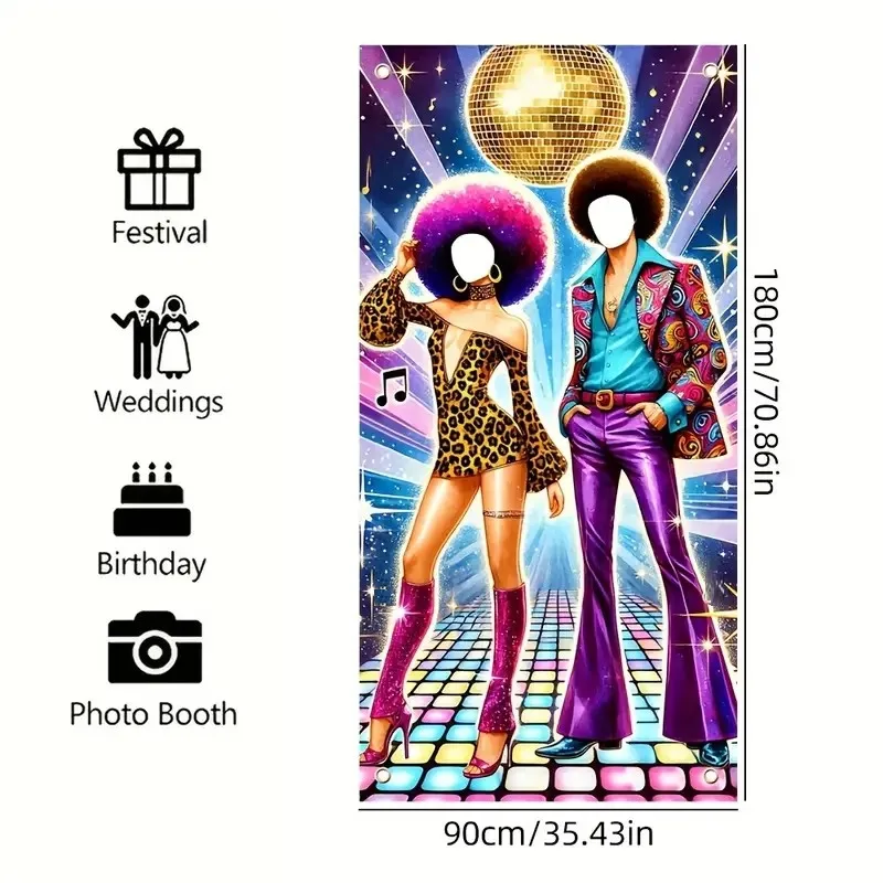 70s Disco Dance Party Photo Booth Backdrop - Retro Theme Hollow-Out Banner with Vibrant Neon Lights & Disco Ball for Birthday, view 5