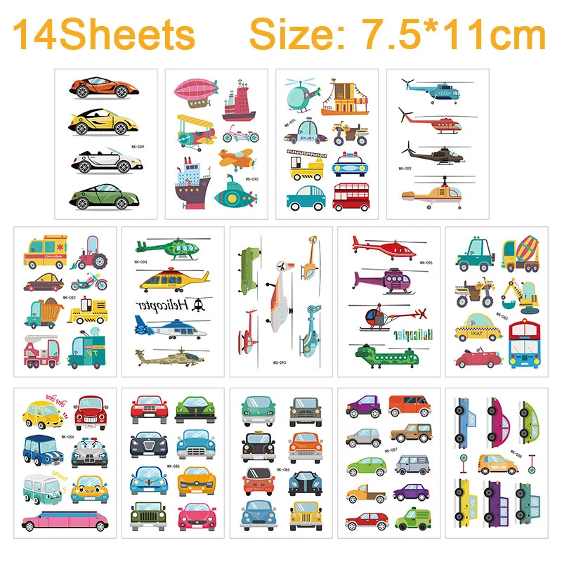 10sheets Construction Temporary Tattoos Cartoon Excavator Vehicle Dump Truck Robbot Space Waterproof Tattoos Sticker for Kids