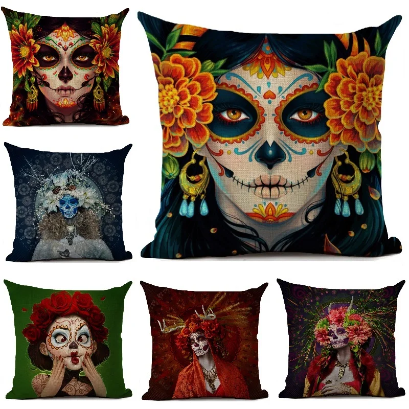 Halloween Cushion Cover Horror Mexican Day Of The Dead Sugar Skull Printed Throw Pillows Home Decoration Living Room Pillowcase