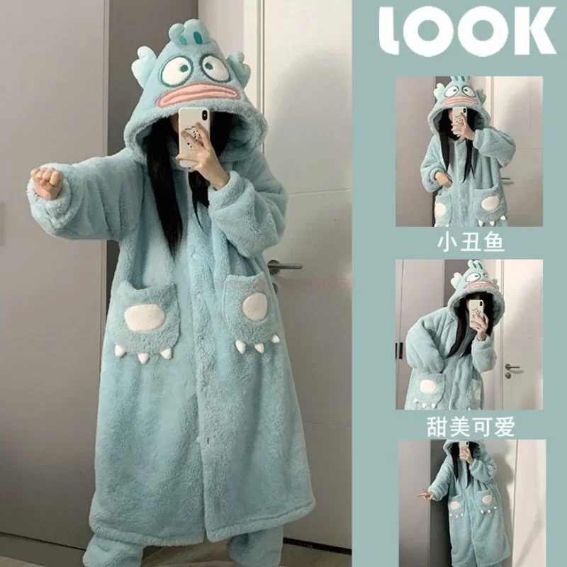 Sanrio Autumn Winter Hangyodon Coral Velvet Nightgown Pajamas Kawaii Furry Cartoon Clown Fish Hooded Pajamas Woman Home Clothes