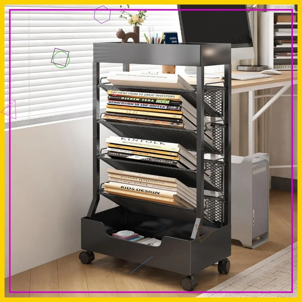 

Современный передвижной книжный стеллаж с металлической верхней частью и основанием, съемными полками для дома, кабинета, офиса, класса, черный цвет