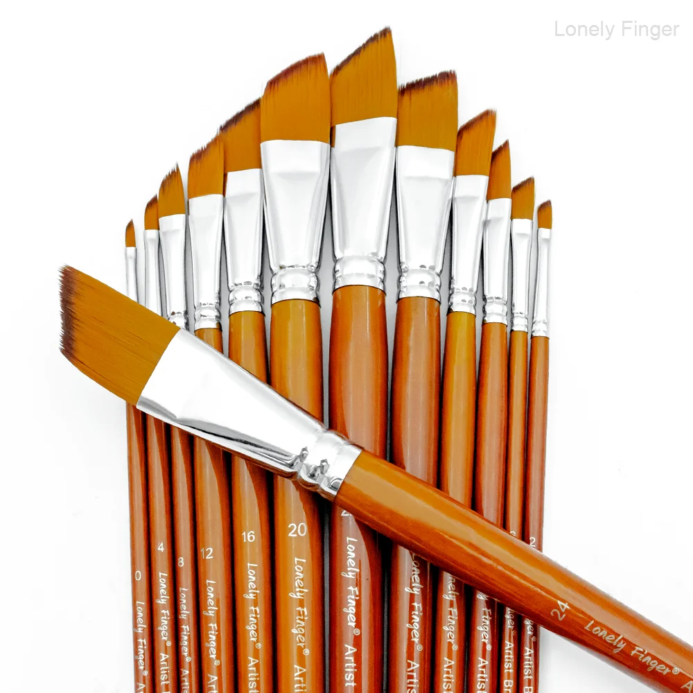 Long Handle Angle Paint Brushes Set, 13Pcs Artist Paintbrushes for Acrylic Oil Watercolor Gouache Painting, Premium Nylon Hair A