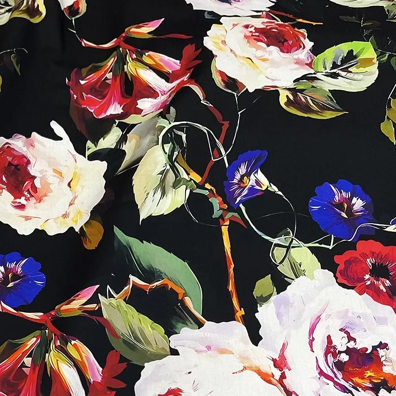 

Черная основа, красочный поплин с цветочным принтом, хлопковая или атласная ткань для женского летнего платья, блузка, ткань «сделай сам», швейный материал