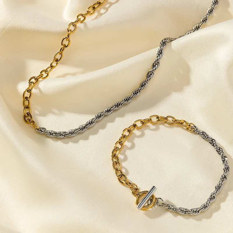EILIECK 316L Edelstahl Metall 2-Farben-Ketten-Halsketten-Armband-Set für Damen Neue Mode Wasserbeständiges Schmuckset Geschenk – Detail 14