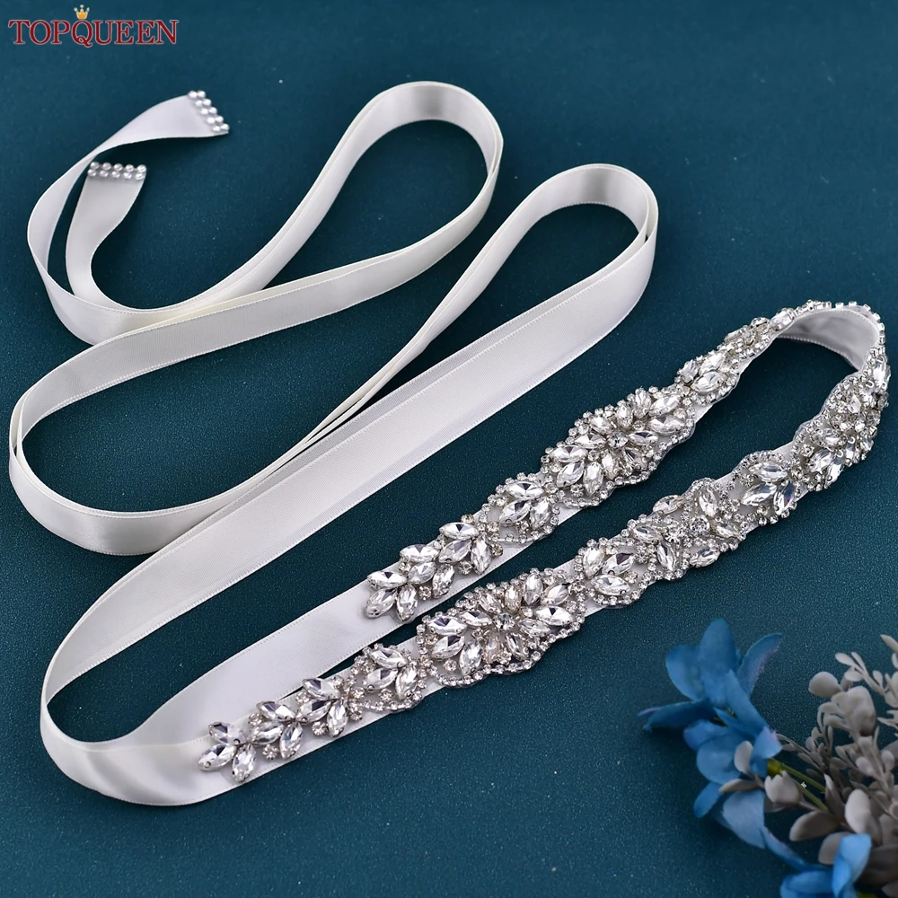 TOPQUEE-Cinturón de lujo para novia, cinturón de satén de lujo con diamantes de imitación, accesorios de boda, cinturón brillante S75