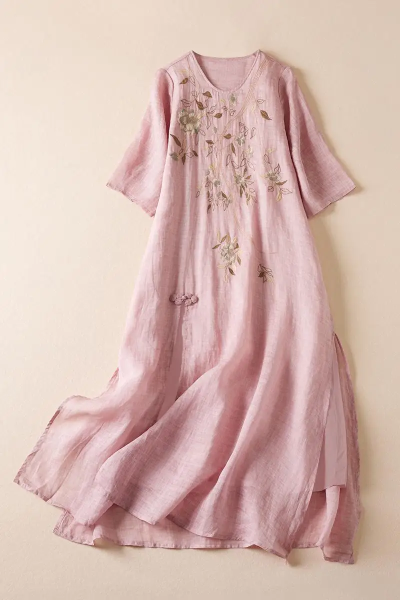 2024 Summer Women Flower Ramie Long Dress Embroidery Round Neck Half Sleeve Loose Casual A Line Soft Vintage Dresses X1013