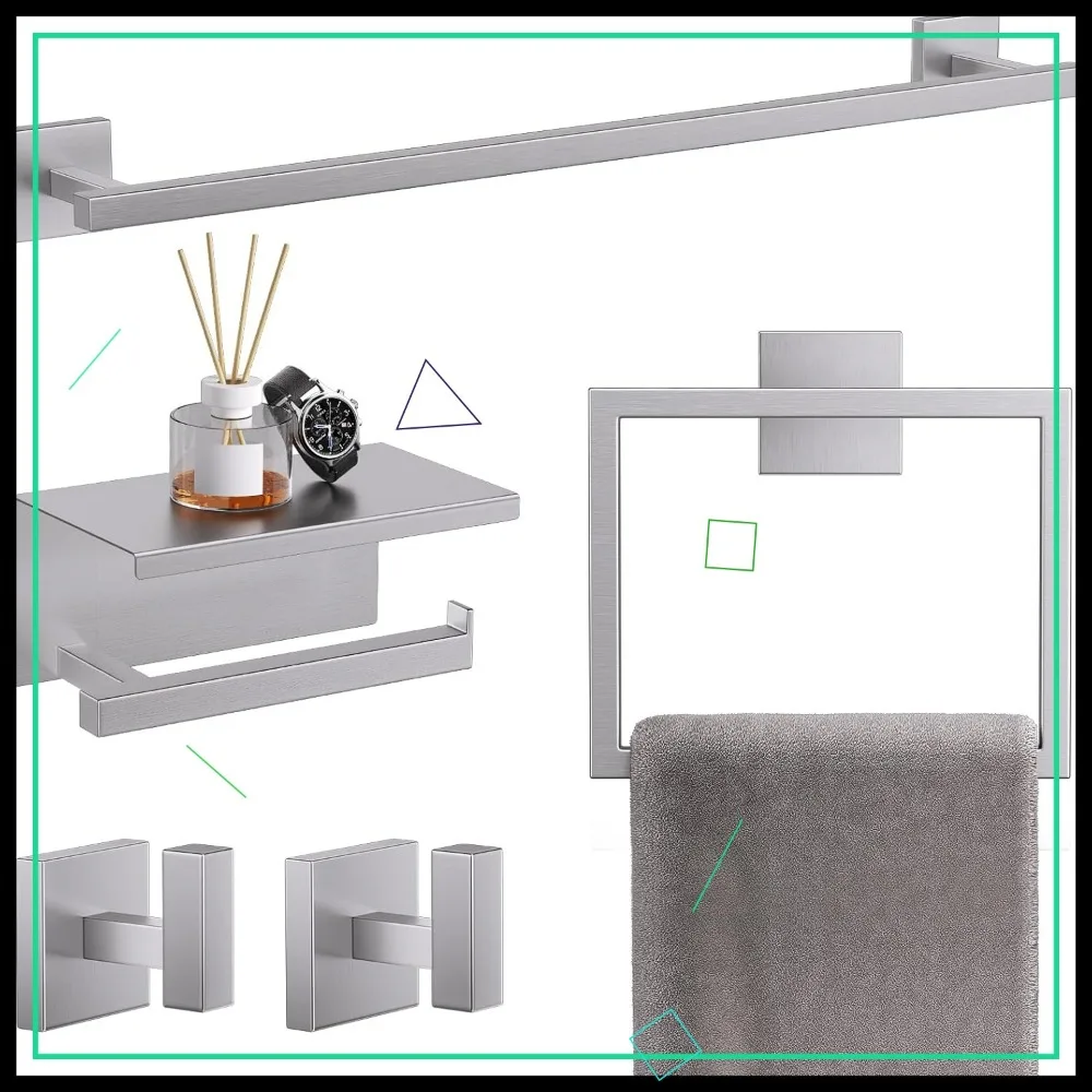 

5-Piece Brushed Nickel Bathroom Hardware Set with Towel Bar, Ring, Paper Holder, and Hooks in Stainless Steel