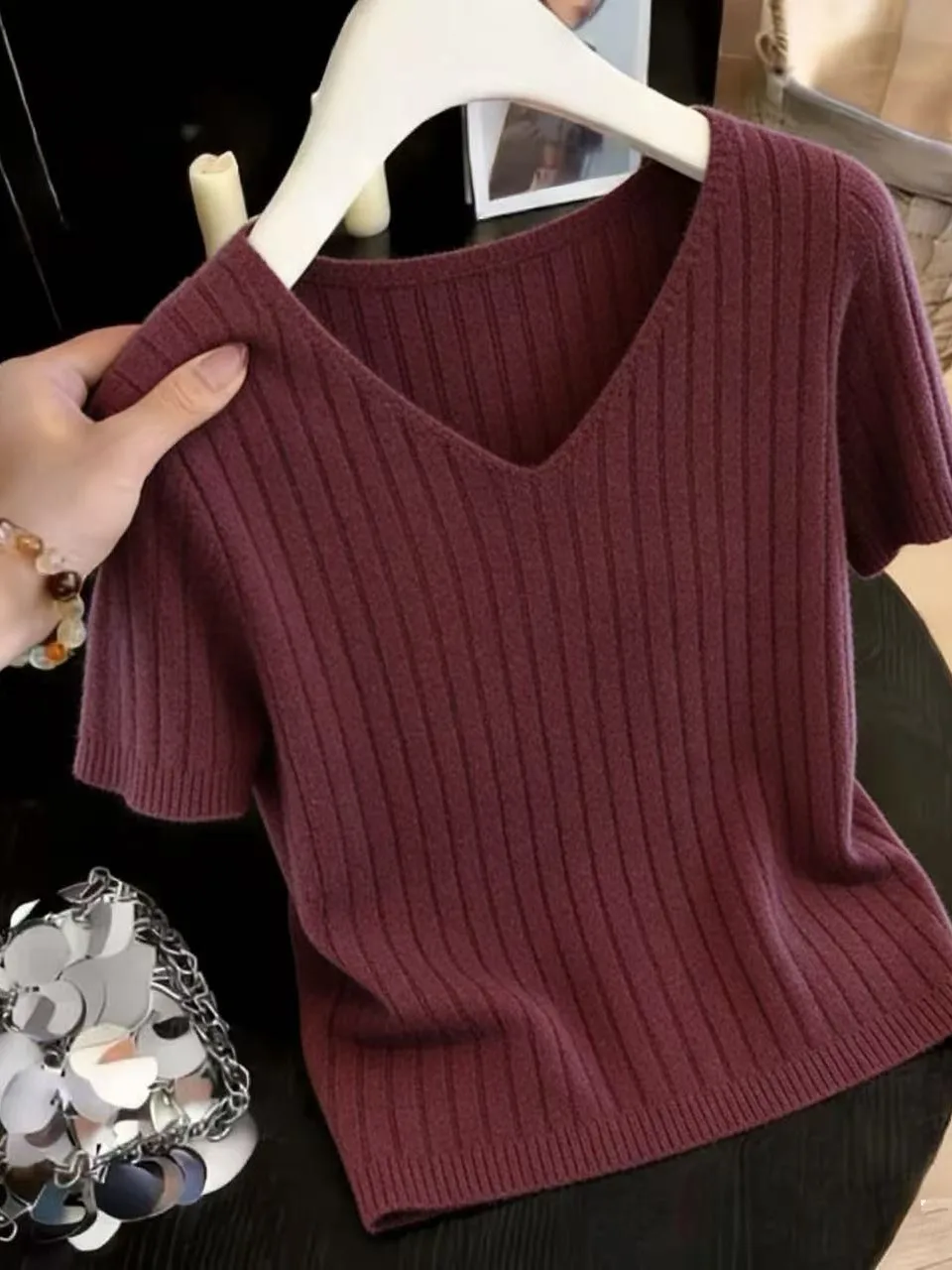 

Summer New V-neck Short Sleeve T-shirt Women's Loose Thin Pure Color Top Breathable Comfortable Korean Style Knitted Base Shirt
