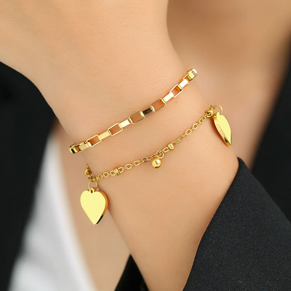 1PC Women's Fashion DIY Double layer Stainless Steel Love Pendant Bracelet Bracelet Date Travel Banquet Party Dressing Gift image 3