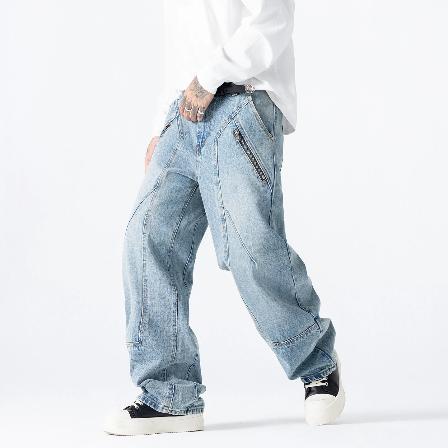 Splice Zipper Denim Pant Jeans Men Streetwear Fashion Loose Casual Plus Size Wide Leg Cargo Machete Pants Baggy Jeans Trousers