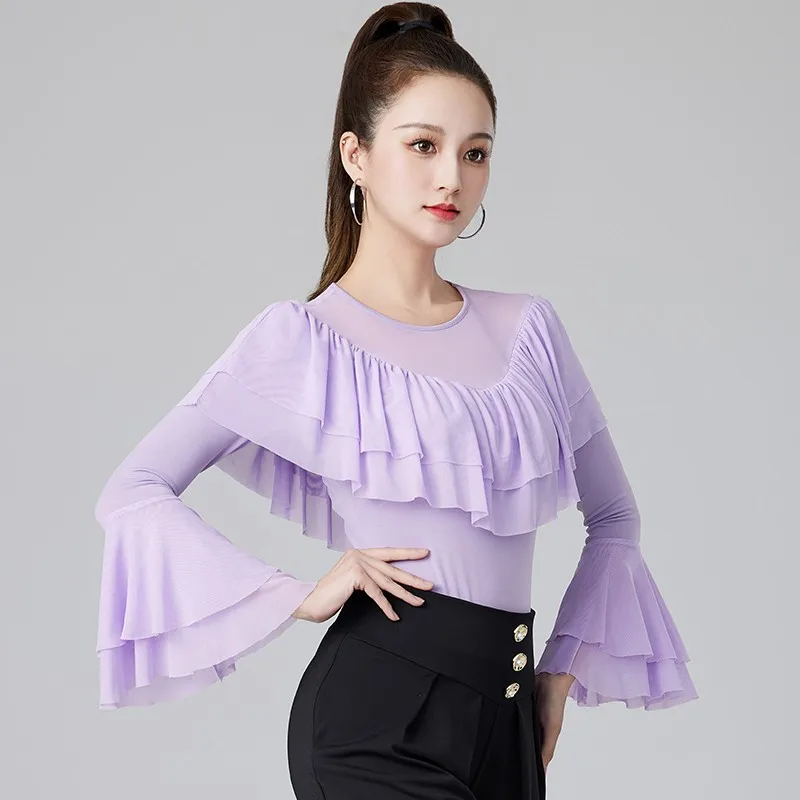 Purple Black Dance Tops Latin Clothes Girl Wear Woman Elegant Practice Ruffled Flared Sleeves Samba Standard Dances Playsuits