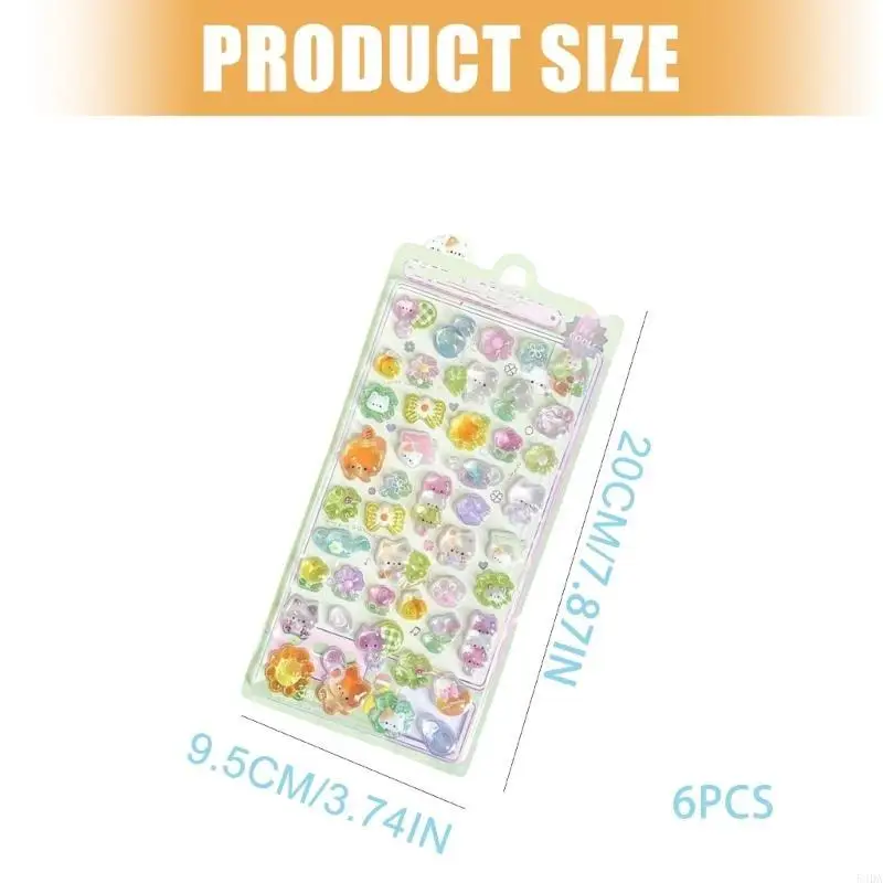 54DA 6PCS Adesivi interattivi in ​​cristallo cartone animato Adesivi in ​​rilievo per attività artigianali