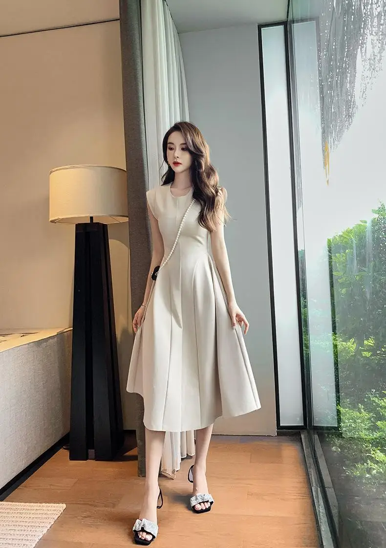 New summer women's clothing European and American round neck waist cover belly sleeveless dress fluffy A-line big swing skirt