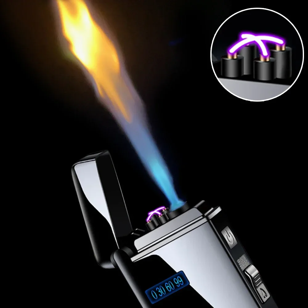 2 in 1 Dual Plasma Arc Lighter Portable Metal Jet Strong Flame Lighter USB Rechargeable Gas Electric Butane Cigar Lighter Gadget