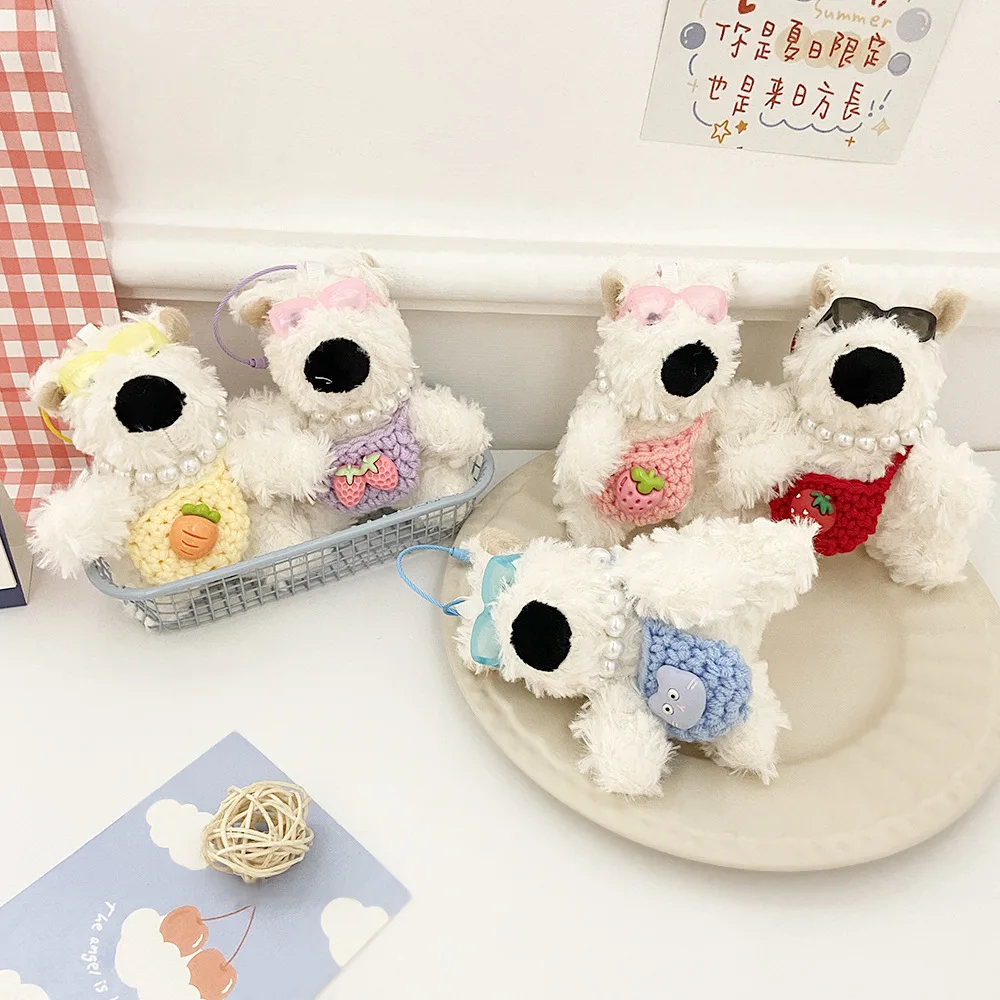 2pcs Cute Plush West Highland Puppy Keychain Cartoon Satchel Bear Doll Toy Key Ring Soft Stuffed Bag Key Pendant Hanging Gift