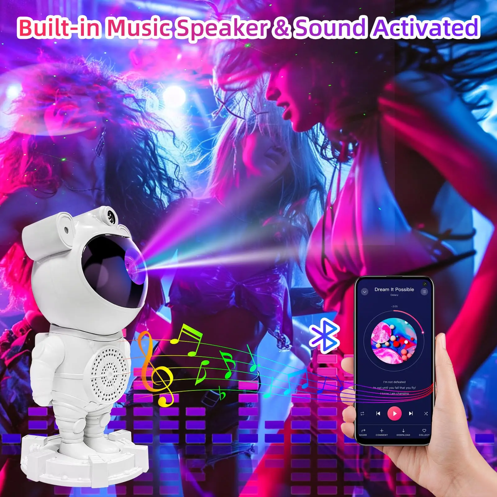 Astronaut Galaxy Projector Music Speaker White Noise for Sleep 360° Adjustable Color Changing with Remote and Timer for Kids