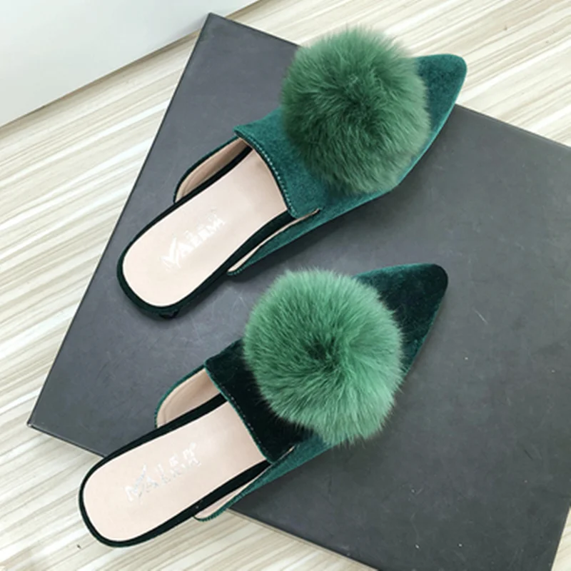 Lady 2023 New velluto a coste Velvet Ball Slides punta a punta bocca poco profonda verde grigio pantofole senza tacchi appartamenti per piedi stretti 32-44 27cm