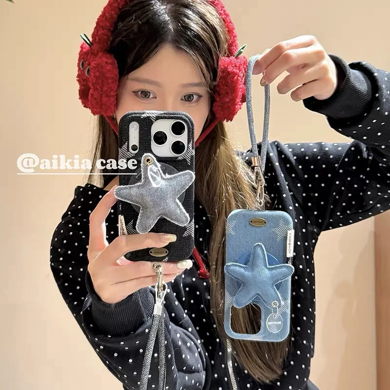 

Осенне-зимний джинсовый магнитный кронштейн со звездой для IPhone 17 16, чехол для телефона Promax 16 Pro, жесткий чехол для iPhone 1315, 14 с подвесной веревкой