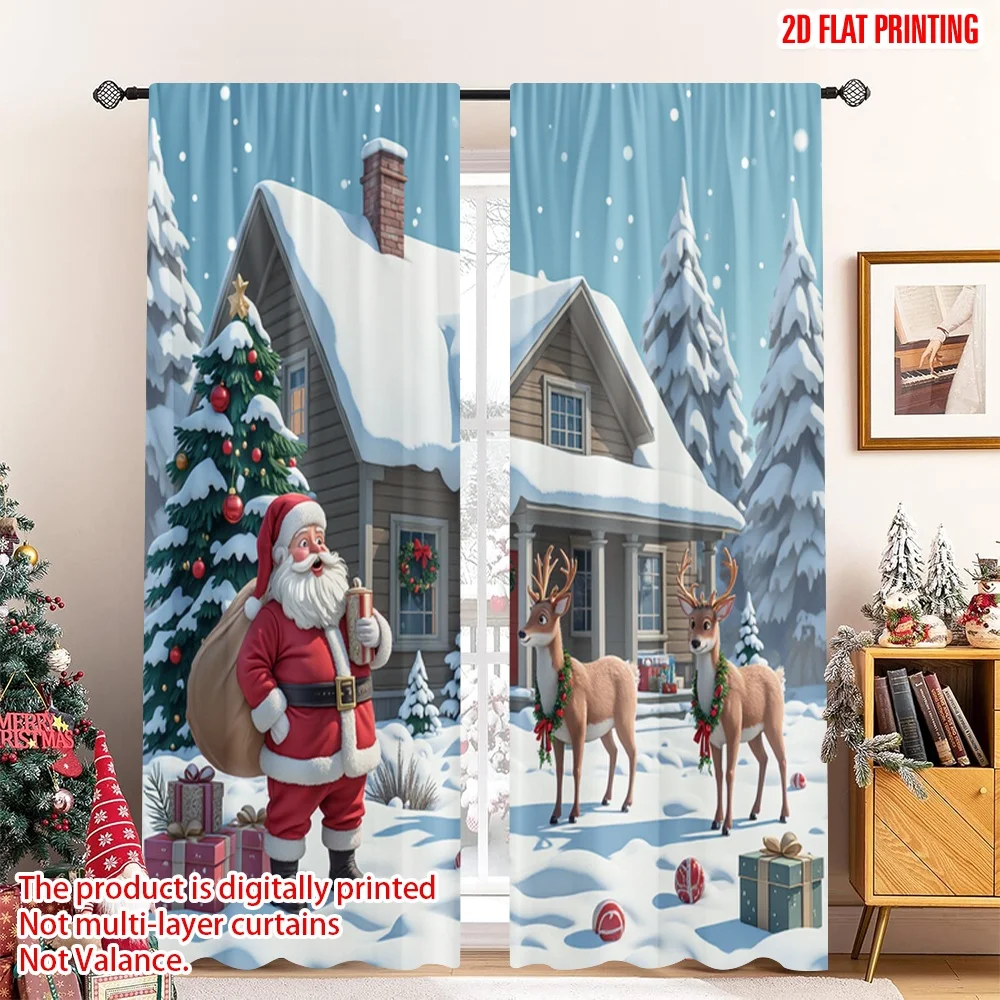 

2pcs 2D flat printing Merry Christmas Drapes Two Santas Reindeer Christmas House Fabric Without Electricity Birthday Party Use