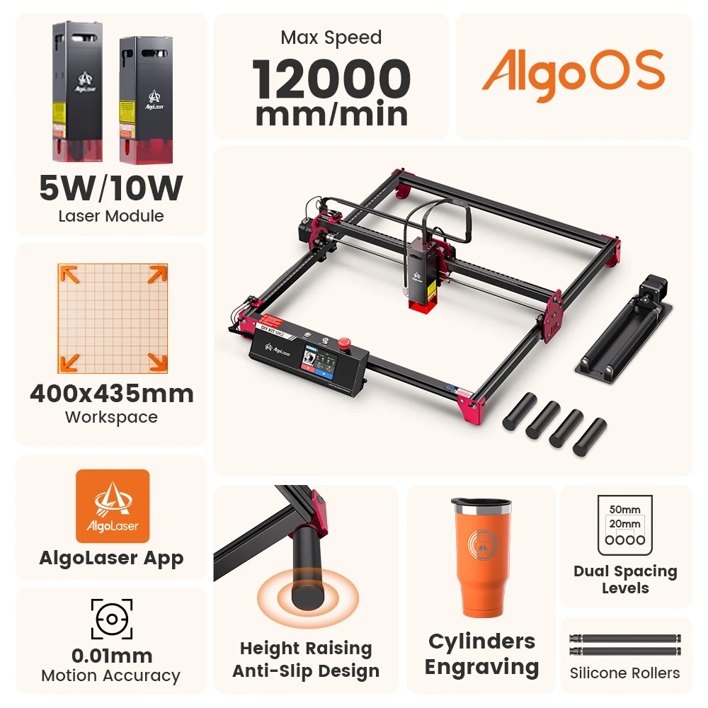 AlgoLaser Laser Engraving Machine DIY KIT MK2 10W With Y-axis Rotary Roller/Raisers Wood MDF Acrylic Metal Laser Engraver Cutter