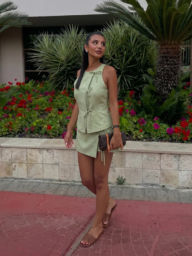 HH Minimalist Oriental Halter Wrap Vest Green Side Tie Sleeveless Cropped Waistcoat Summer Business Casual Office Vacation Wear
