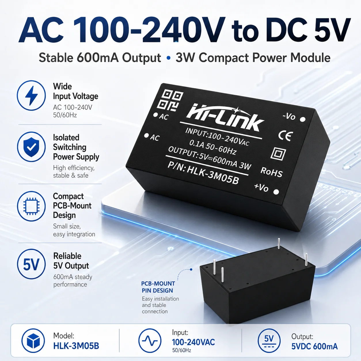 HLK-3M05B AC-DC Power Supply Module 220V to 5V 600mA 3W Isolated Switching Power Module PCB Converter