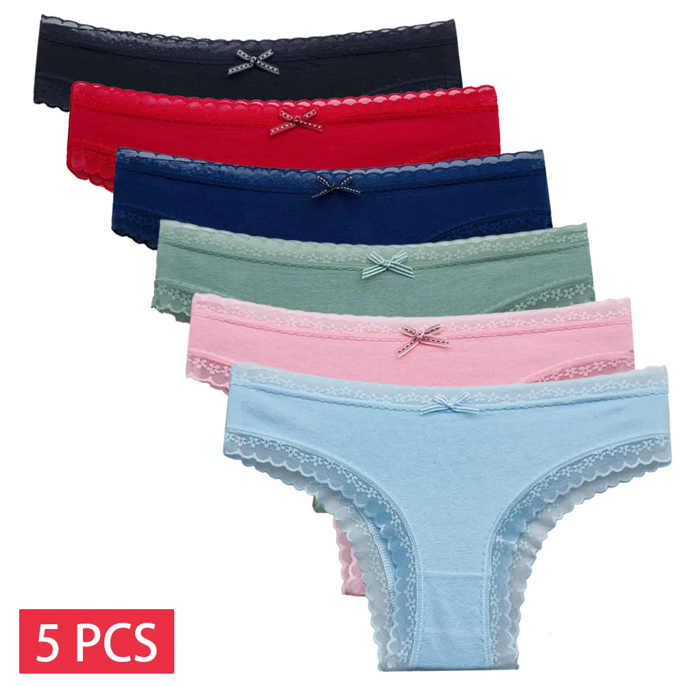 5 unids/set de bragas de algodón para mujer, lencería Sexy de encaje, ropa interior de cintura baja, calzoncillos para niñas, ropa interior de M-XL