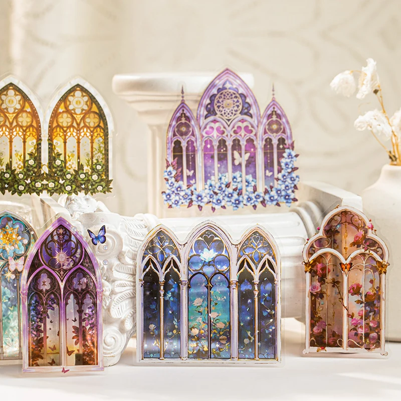 12 pcs Stained-glass Window Series Large Size PET Sticker DIY Junk Journal Scrapbook Diary Mobile Collage Decorative Stickers