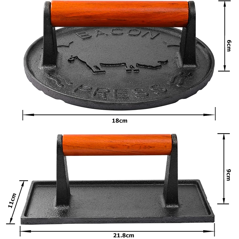 LMETJMA Bacon Press Heavy-Duty Cast Iron Grill Press Meat Steak Press with Wood Handle Kitchen Hamburger Smasher Press JT277