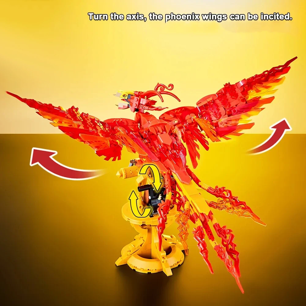 938 pçs mundo mágico fogo phoenix blocos de construção modelo exibição animais míticos chineses moc tijolos montagem brinquedos presentes natal