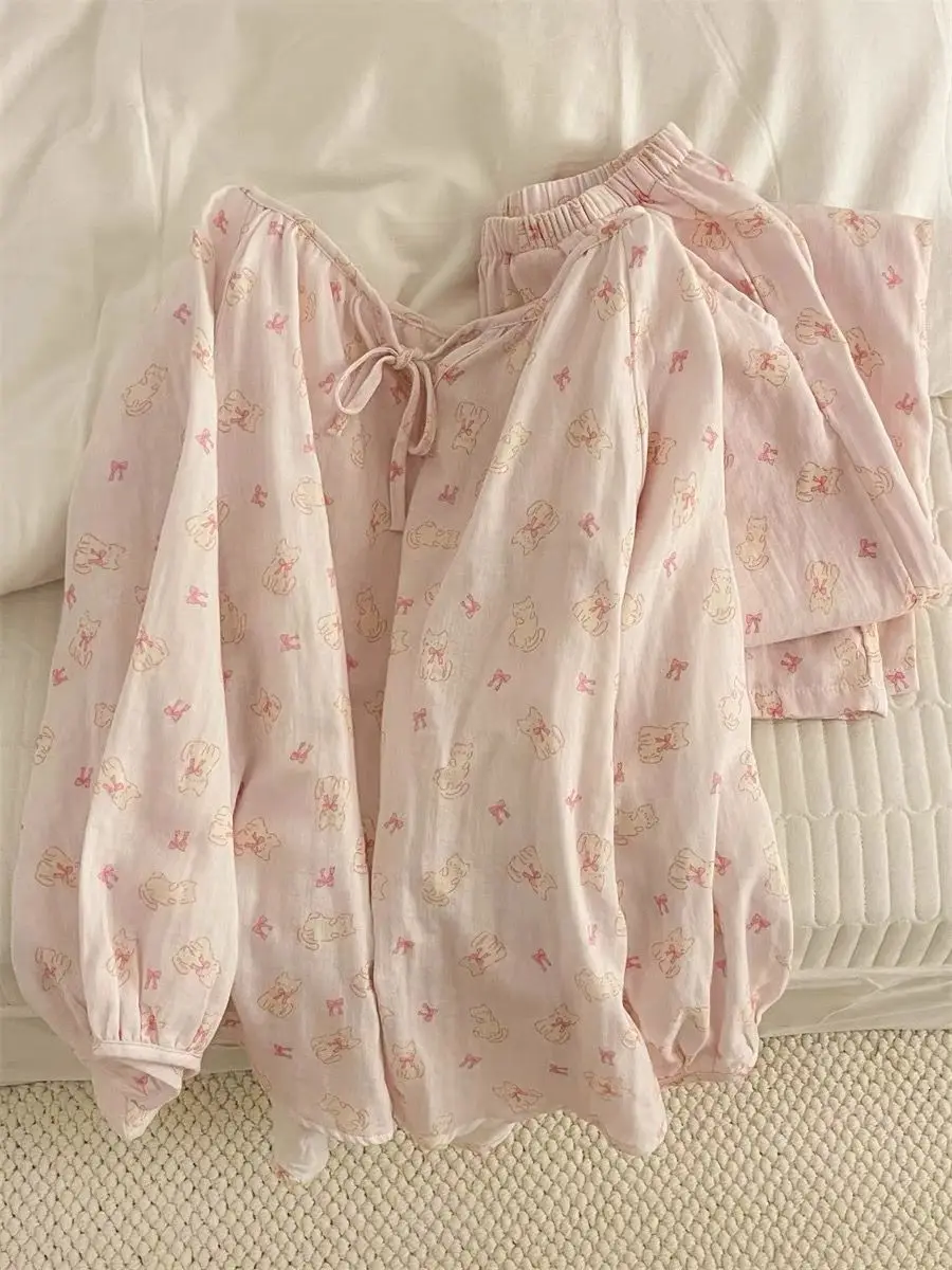 

Корейская версия пижамных комплектов с милым мультяшным котенком, женская весенне-осенняя новая свободная одежда для девочек с длинными рукавами и длинными штанами, домашняя одежда