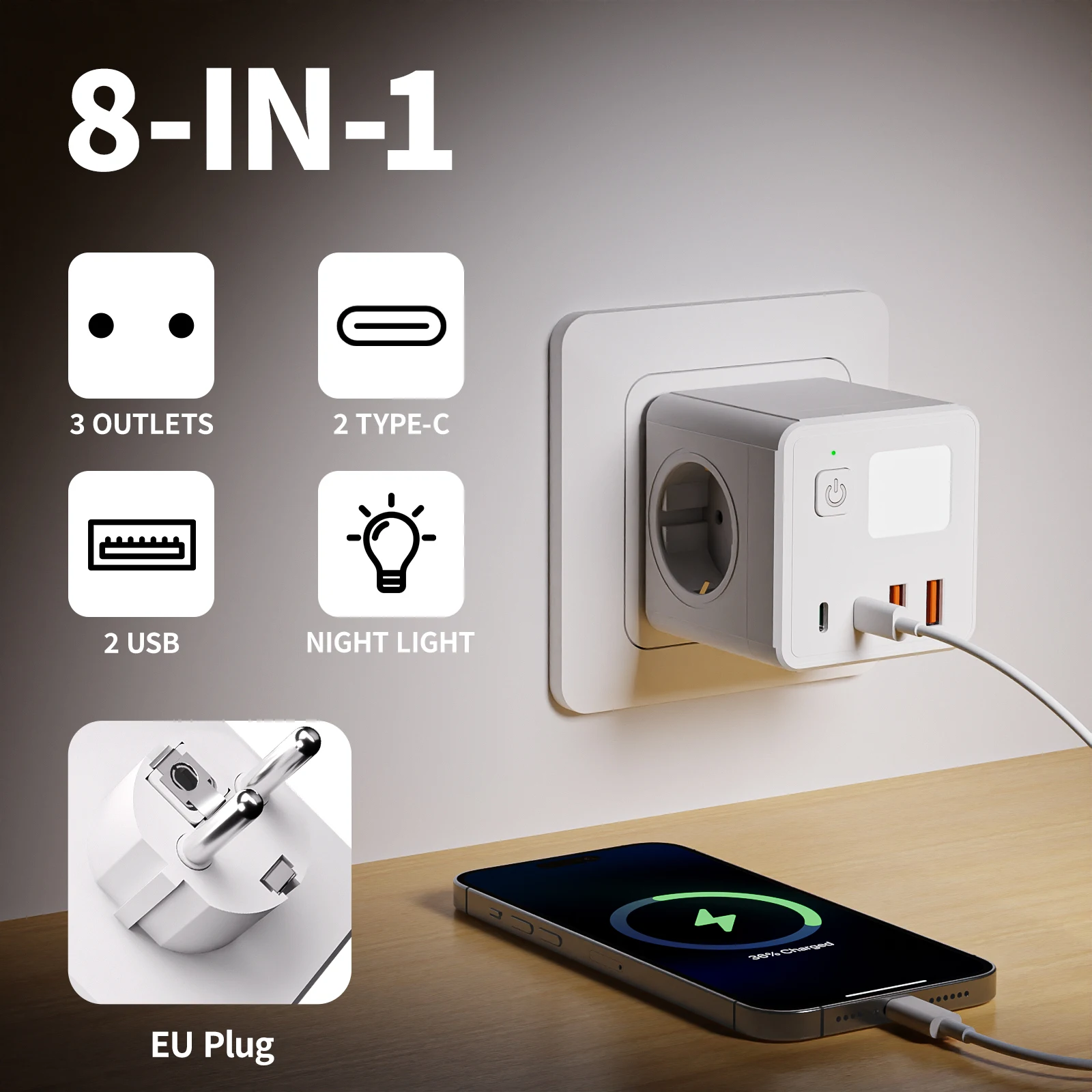 1 شريط طاقة الاتحاد الأوروبي، 3 مقابس تيار متردد ومنافذ USB و2 منفذين من النوع C مع ضوء ليلي صغير بثلاثة ألوان.