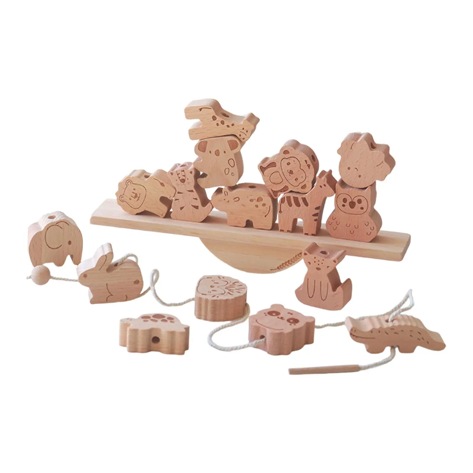 Wooden Animal Blocks Stacking Toy Hand Eye Coordination Early Development Lacing Beads Toy Educational Stringing for Toddlers
