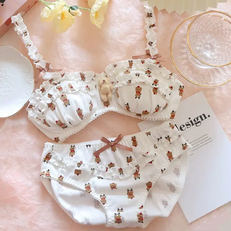 Lolita Girl Sweet Bras Anime Cartoon Sexy Push Up Bra and Panty Set Underwear Women Bracier Women Push Up Kawaii Lingerie