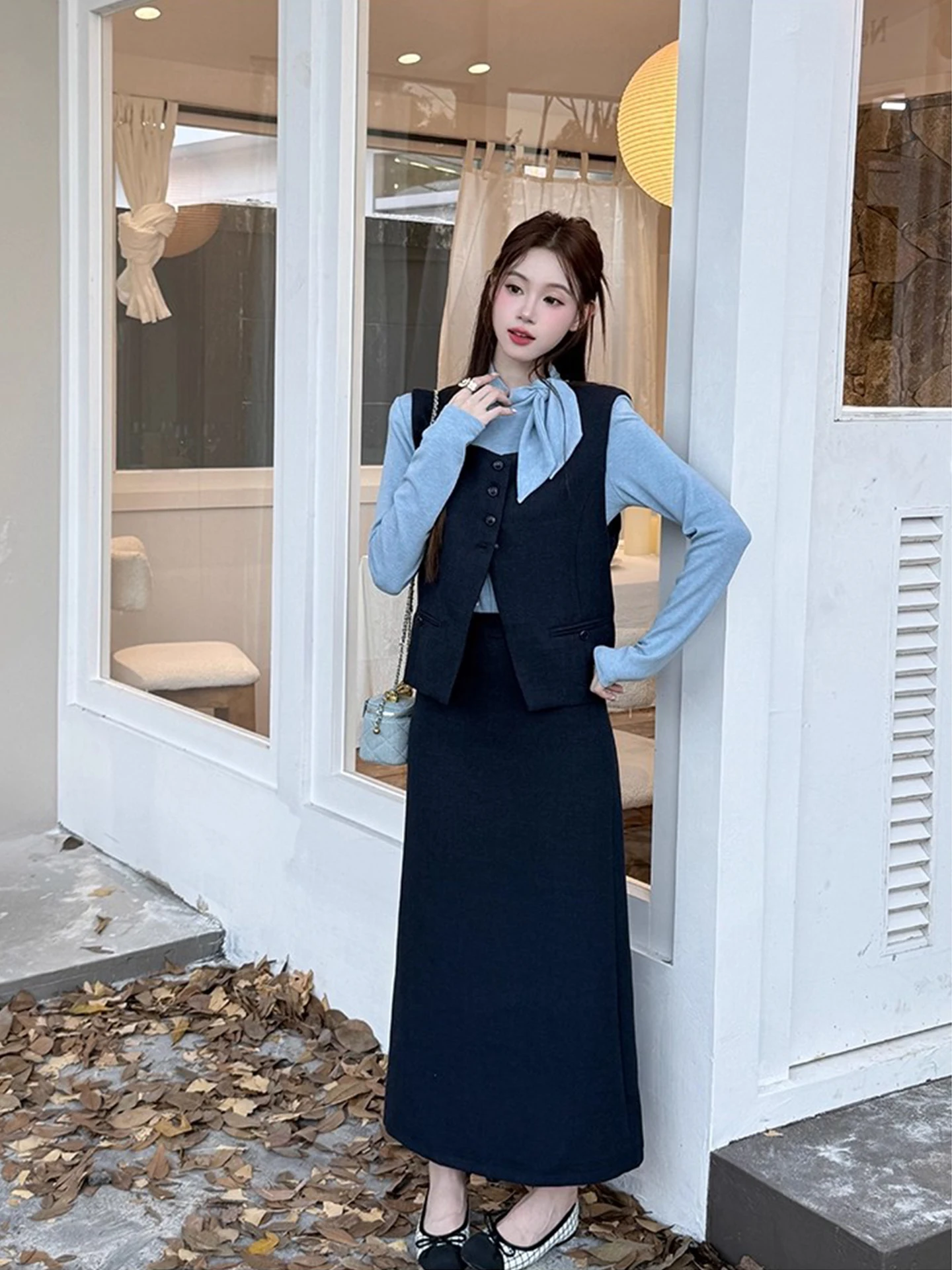 Conjunto de Csa y Ceco con Cinturón y Cuello Alto a la Moda, Falda  de Cintura Alta para Mujer, Traje de Tres Pieza...