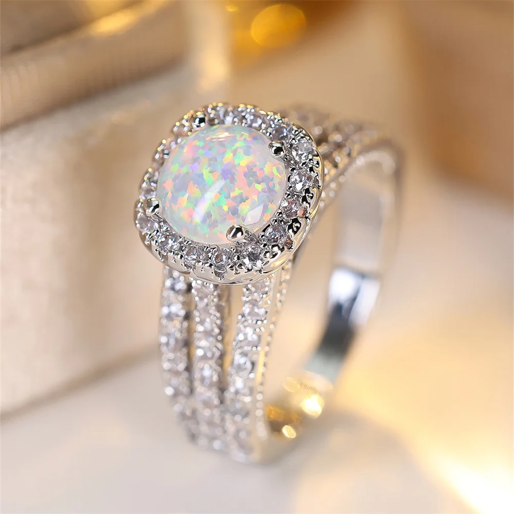 White Fire Opal Round Stone Engagement Rings For Women Vintage Silver Color Luxury Crystal Wedding Bands Birthstone Jewelry Gift