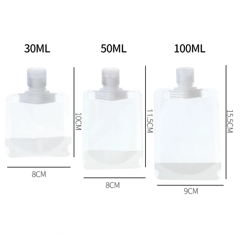 Travel Liquid Lotion Dispenser Packaging Bag, portátil, reutilizável, Shampoo, Leakproof, recipientes de armazenamento, 30 ml, 50 ml, 100ml, 10Pcs