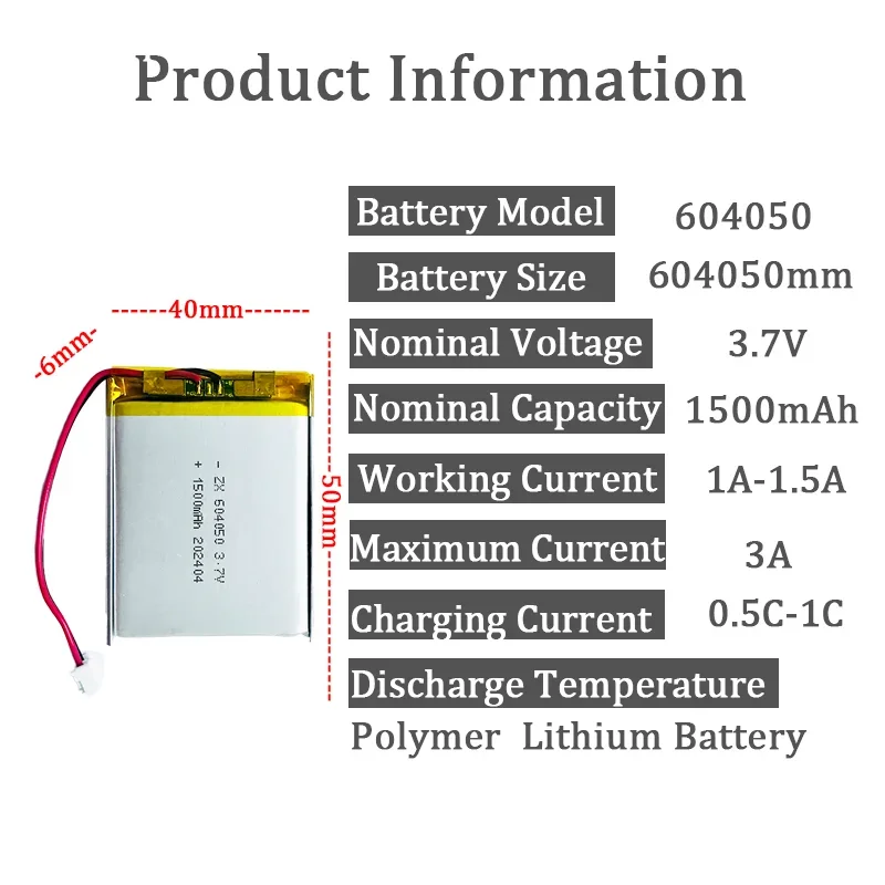 Rechargeable 604050 3.7V 1500mAh with jst PH 2.0mm 2pin plugFor MP3 MP4 Game Player mouse PSP Lampe speaker toys Mobile 064050