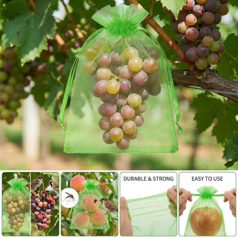 100Pcs Fruit Protection Bags Drawstring Reusable Mesh Netting Bags for Grapes Strawberry Vegetables Cover Anti Bird Pest Control