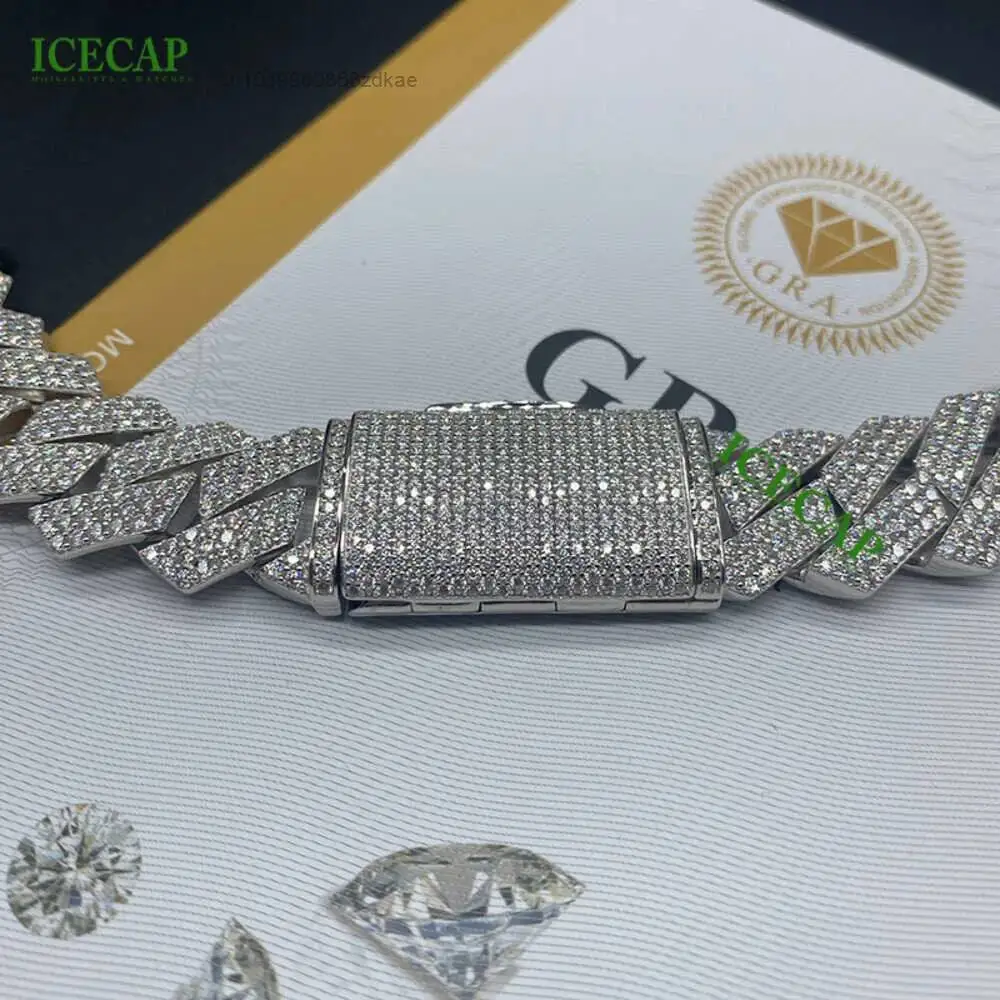 Luxury Icecap Fine Jewelry Necklaces 18mm 3row Hiphop Cuban Link Chain Pass the Diamond Test 925 Sterling Silver Chain for Men.
