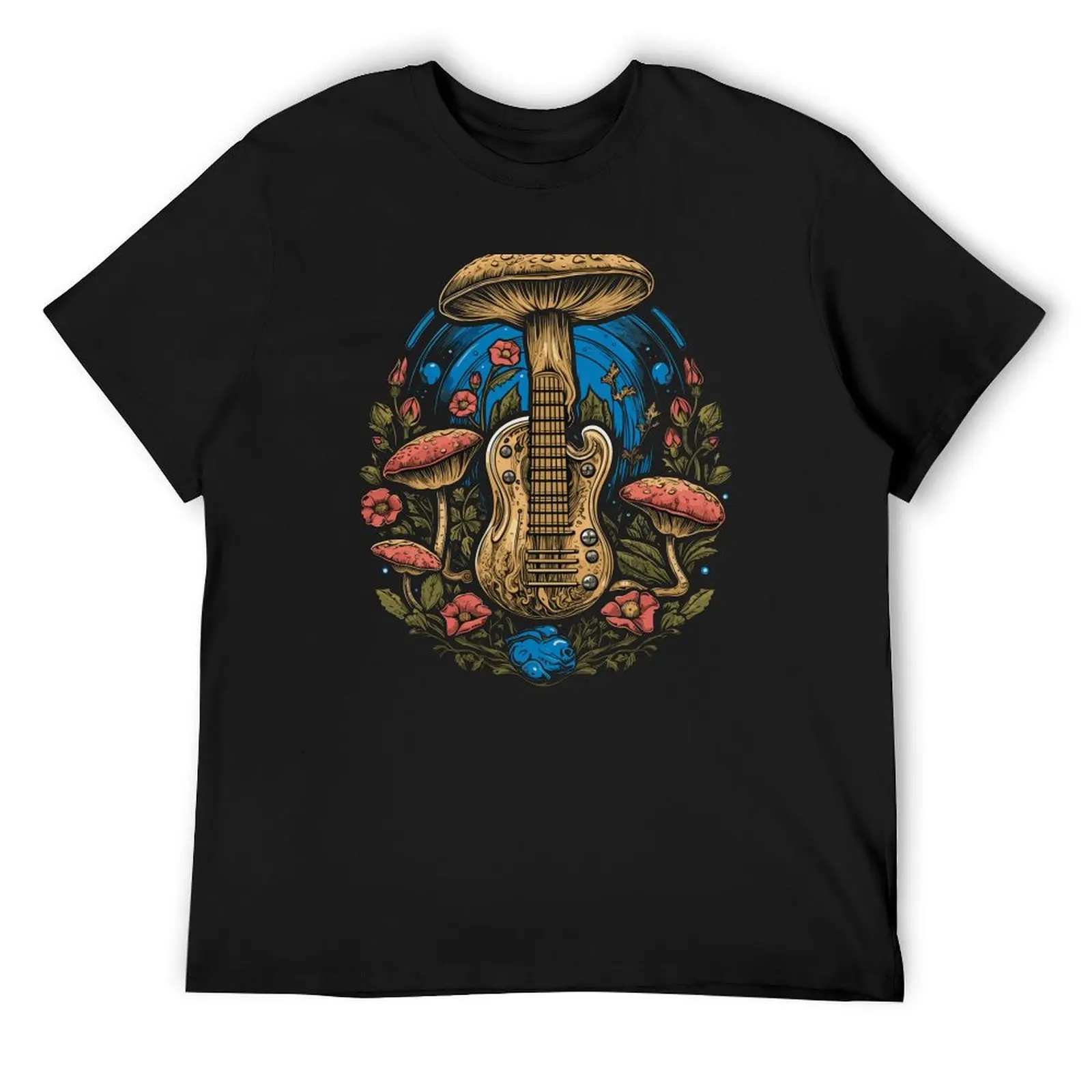 

Mushrooms With Red Flowers & Guitar T-Shirt shirts graphic tee shirts graphic tees oversized t shirt men