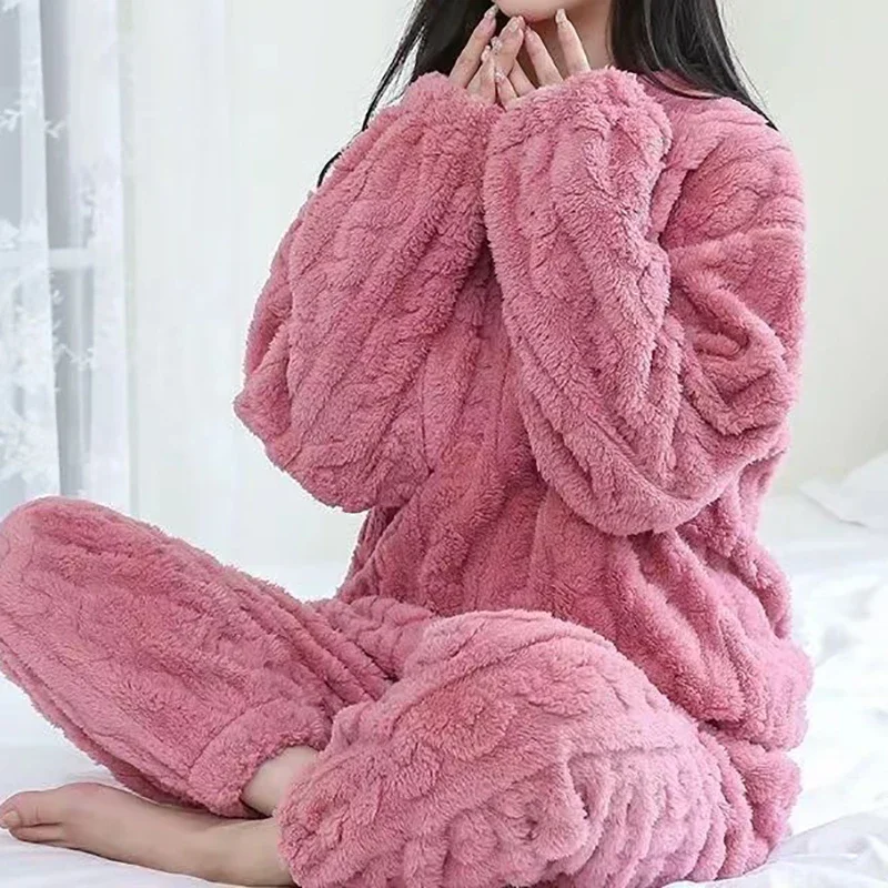 Autumn Women Solid Warm 2 Piece Sets Thicken Velvet Ribbed Fleece Set Pullover And Pants Women Casual Pajama Sets 2023