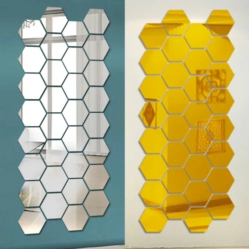 60/6pcs Hexagon Mirror Wall Stickers Self Adhesive Removable Wall Sticker Gold Silver Mosaic Tiles Decals Bedroom Home Decor