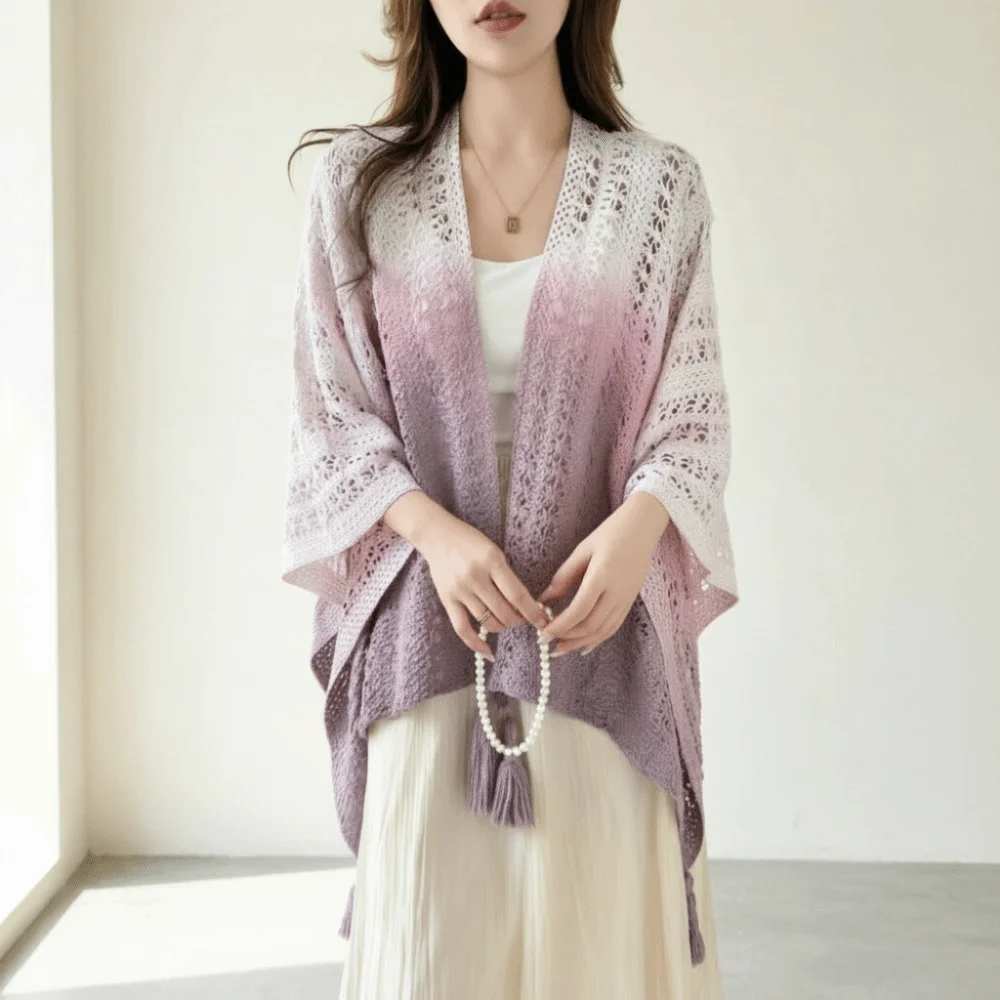 

New Hollowed Out Women Shawl Tassel Trim Lace Cover Tassel Cardigan Thin Style Knitted Wrap Retro Ethnic Cardigan Vacation Style