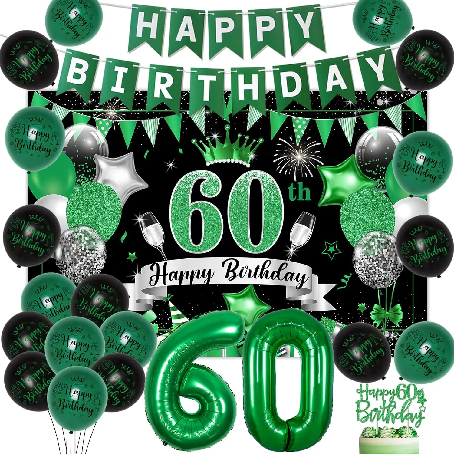 60th Birthday Party Decor Backdrop Glitter CakeTopper Happy Birthday Banner Printed Balloons 60 Adults Birthday Party Supplies