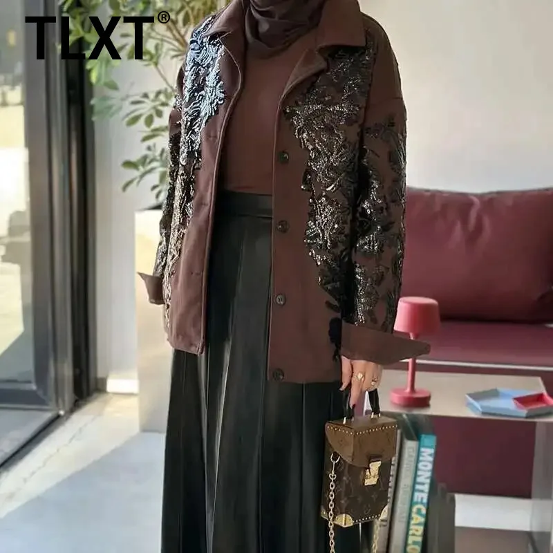 

TLXT жаккардовые дизайнерские куртки для женщин с лацканами, элегантные уличные пальто с роскошными рукавами, женская одежда, новинка 2023 года