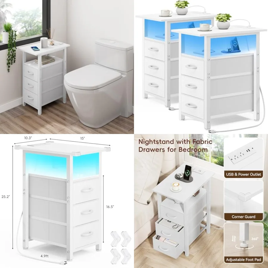 

Vagusicc Set of Nightstand with Charging Station and LED Lights, Narrow End Table, LED Night Stand with 3 Fabric Drawers for Be