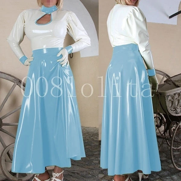 

100%Latex Rubber Gummi Light blue and white Chest hollow Long skirt Size XS~XXL