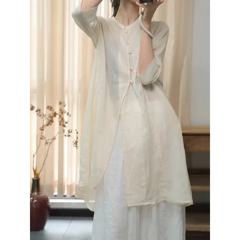 

Женская рубашка больших размеров из хлопка и льна, средней длины, с рукавом 3/4, асимметричный крой, для повседневной носки, модная, весна-лето, новинка